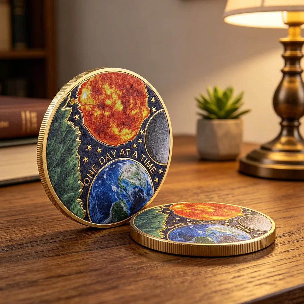 1pc One Day At A Time Commemorative Coin Earth & Sun Design Serenity Prayer Challenge Coin Sobriety Recovery Medallion Gifts