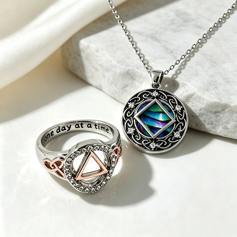AA Sobriety Jewelry Set Abalone Shell Celtic Knot Necklace Two Tone Triangle Zircon Ring Alcoholics Anonymous Recovery Gift