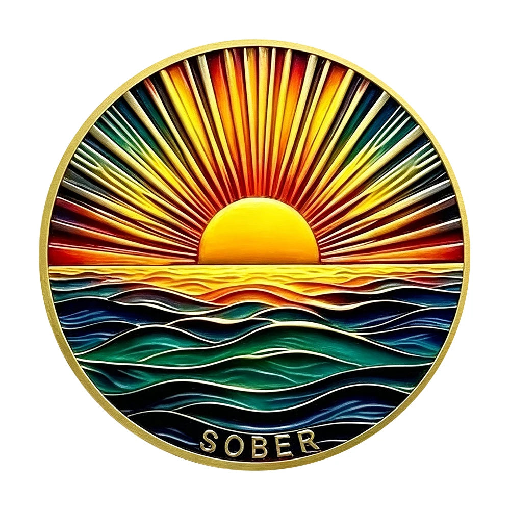 1pc Rainbow Sunrise Ocean Sober Commemorative Coin Sobriety Medallion Inspirational Recovery Healing Challenge Coin Souvenirs