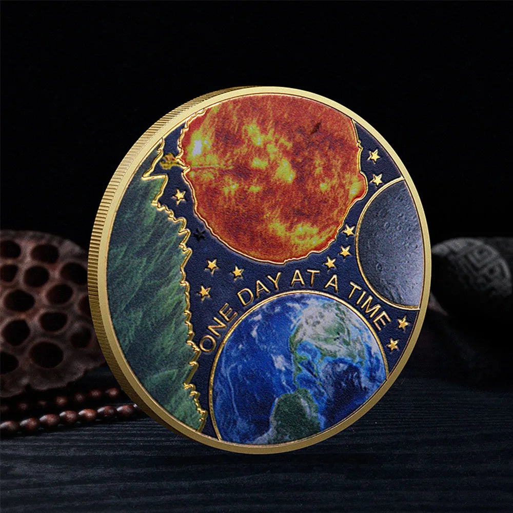 1pc One Day At A Time Commemorative Coin Earth & Sun Design Serenity Prayer Challenge Coin Sobriety Recovery Medallion Gifts