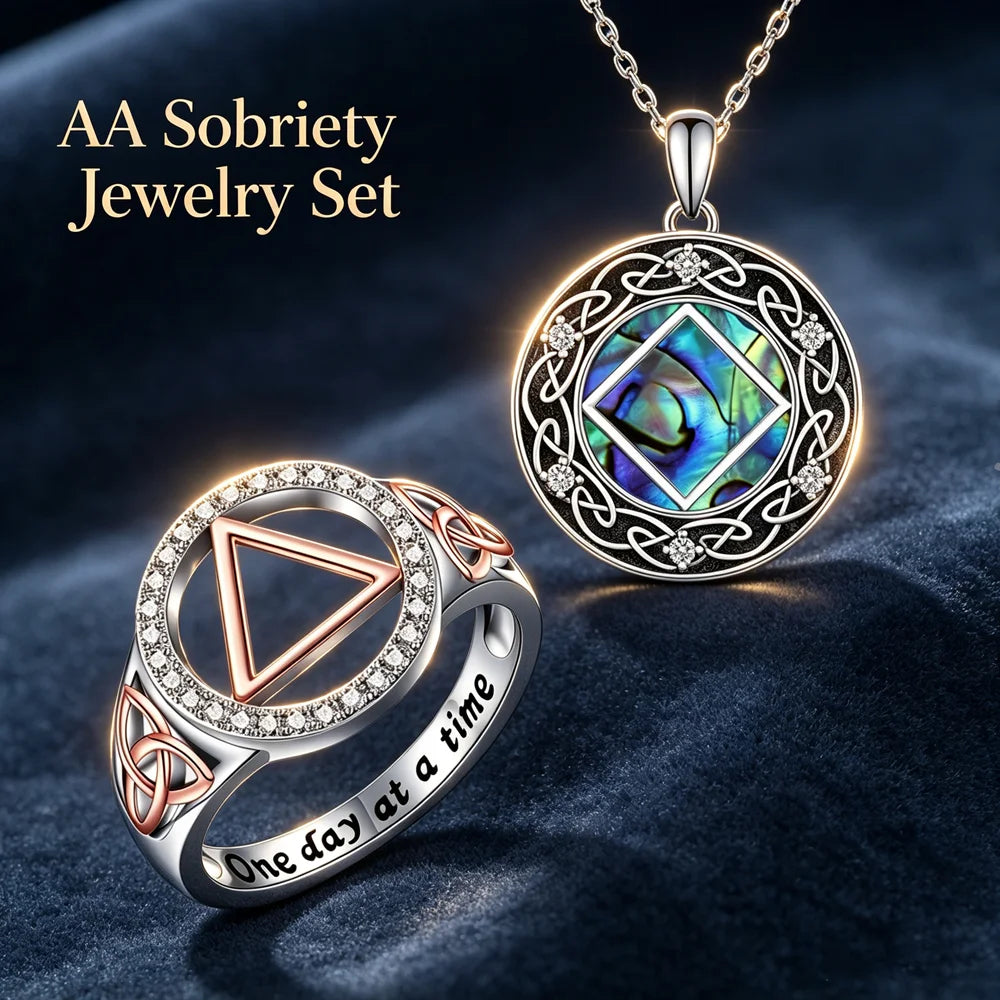 AA Sobriety Jewelry Set Abalone Shell Celtic Knot Necklace Two Tone Triangle Zircon Ring Alcoholics Anonymous Recovery Gift