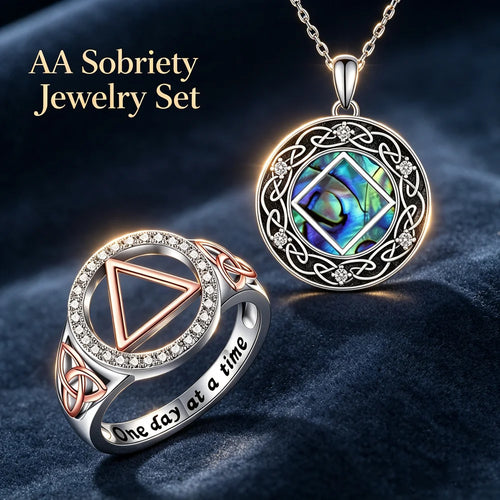 AA Sobriety Jewelry Set Abalone Shell Celtic Knot Necklace Two Tone Triangle Zircon Ring Alcoholics Anonymous Recovery Gift