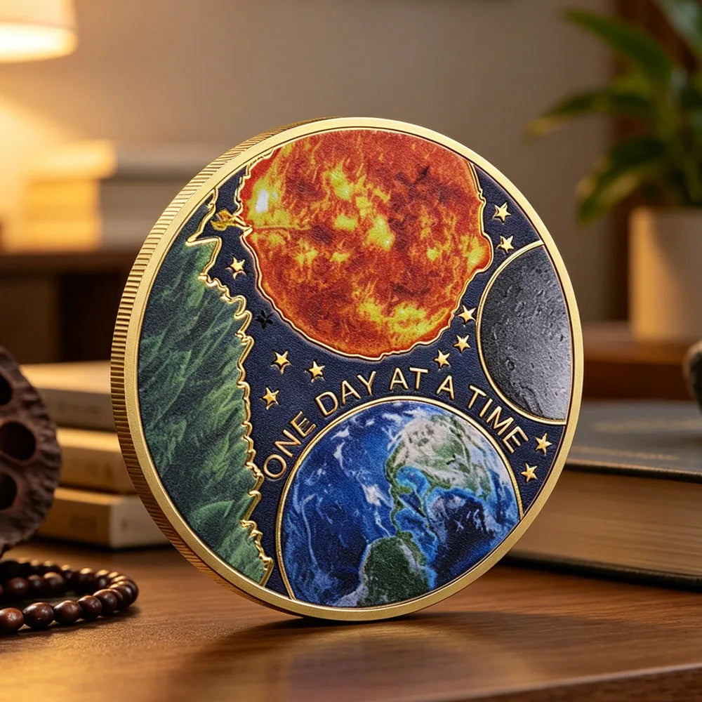 1pc One Day At A Time Commemorative Coin Earth & Sun Design Serenity Prayer Challenge Coin Sobriety Recovery Medallion Gifts