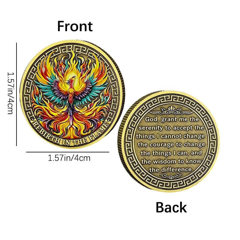 Phoenix Rebirth In The Flame Serenity Prayer Commemorative Coin Gold Plated Sobriety Recovery Challenge Coin