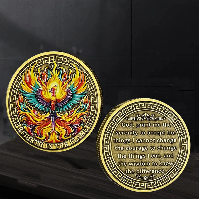 Phoenix Rebirth In The Flame Serenity Prayer Commemorative Coin Gold Plated Sobriety Recovery Challenge Coin