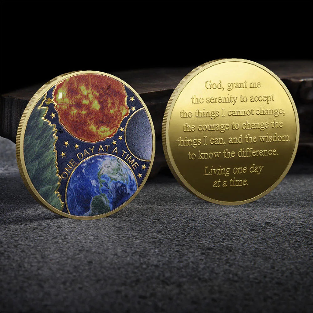 1pc One Day At A Time Commemorative Coin Earth & Sun Design Serenity Prayer Challenge Coin Sobriety Recovery Medallion Gifts