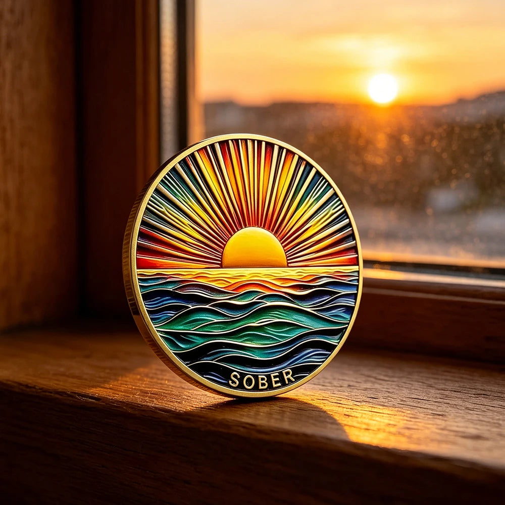 1pc Rainbow Sunrise Ocean Sober Commemorative Coin Sobriety Medallion Inspirational Recovery Healing Challenge Coin Souvenirs