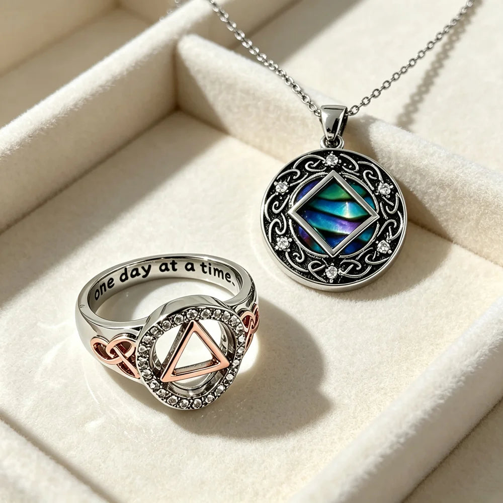 AA Sobriety Jewelry Set Abalone Shell Celtic Knot Necklace Two Tone Triangle Zircon Ring Alcoholics Anonymous Recovery Gift