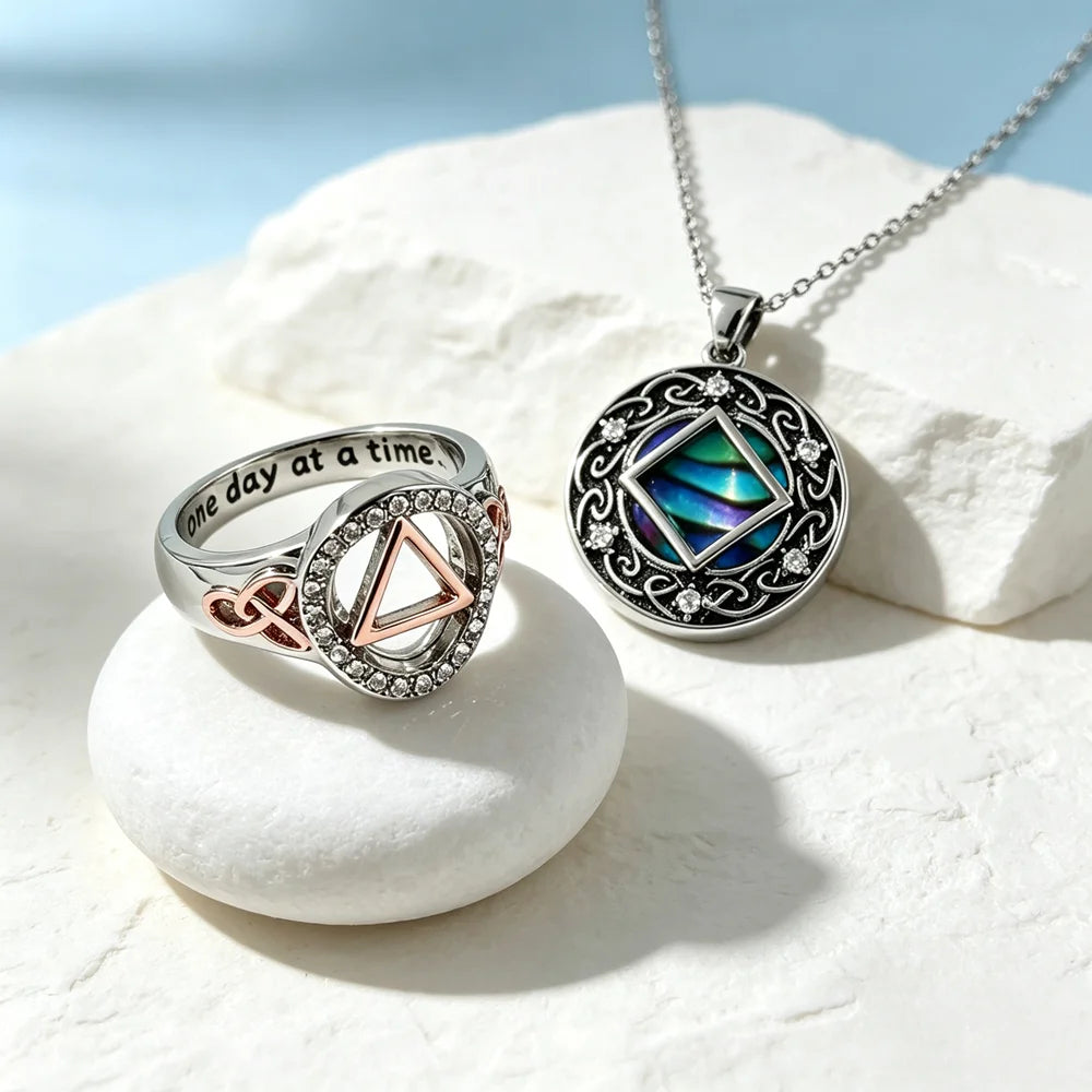 AA Sobriety Jewelry Set Abalone Shell Celtic Knot Necklace Two Tone Triangle Zircon Ring Alcoholics Anonymous Recovery Gift